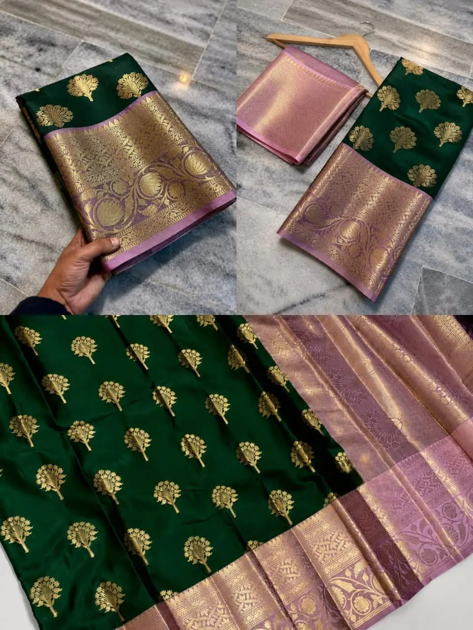 Bottle Green with Onion Pink Antique Gold Zari Semi Kanchipuram Silk Saree